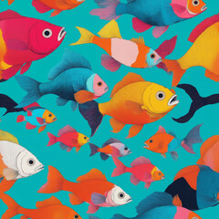 Naklejka premium Fish Abstract Art With Geometric Shapes and Bold Colors Vibrant, dynamic digital collages, expressive line work, surreal and realistic elements fantasy.