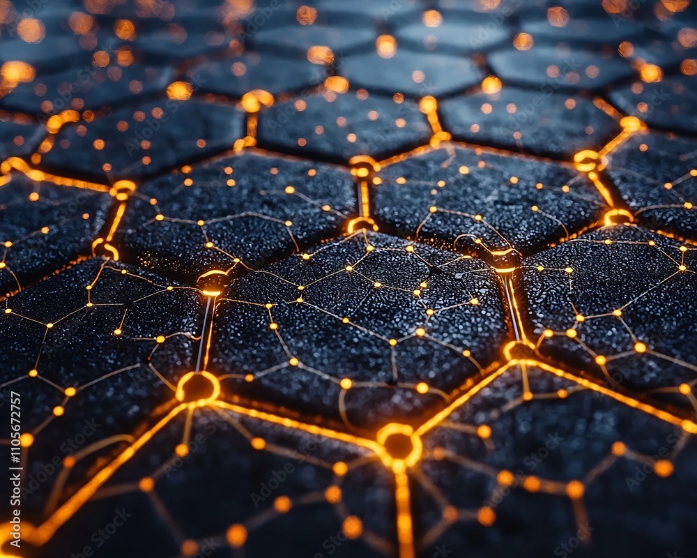 Poster complex interconnected business professional network of glowing hexagonal structures