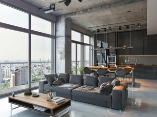 Fototapeta premium Modern living room with large windows offering a panoramic city view The room features a grey sectional sofa. a coffee table. and a kitchen with a dining table and bar stools