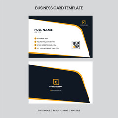 Two sided business card template featuring black, white, and yellow design elements. Includes contact info, QR code, and company logo.