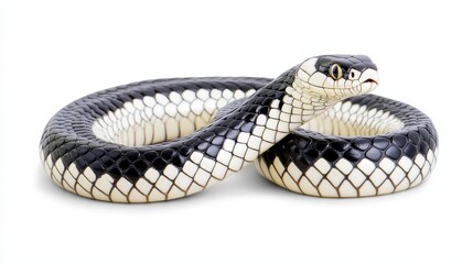 Fototapeta premium Coiled Venomous Viper Snake Striking Pose Against White Background