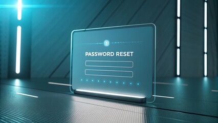 Digital interface for password reset process displayed in a futuristic environment
