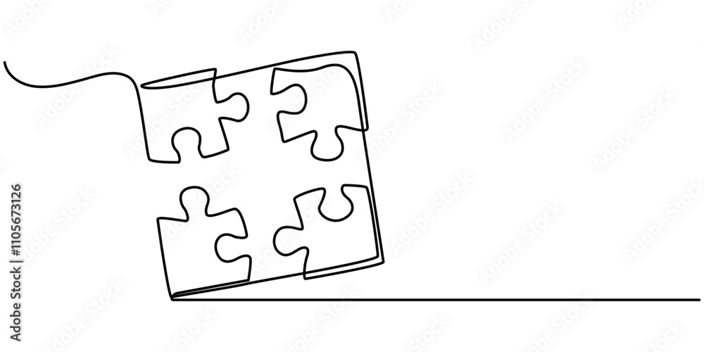 Poster Puzzle icon line continuous drawing vector. One line Conundrum icon vector background. Team work icon. Continuous outline of a Missing item, Continuous one line drawing of puzzle. One line drawing. 