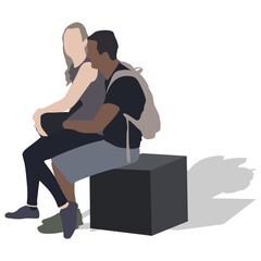 Young couple sitting on bench in park flat vector illustration