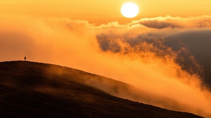Fototapeta premium Serene Sunset Over Rolling Hills with Solitary Figure in Twilight