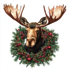Moose head adorned with a festive wreath of greenery and red berries.