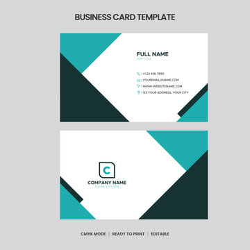 Clean, minimalist business card template featuring teal and dark green accents. Includes contact info logo space. CMYKready, printable, editable.