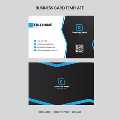 Twosided business card template featuring a modern design, black and white color scheme with blue accents