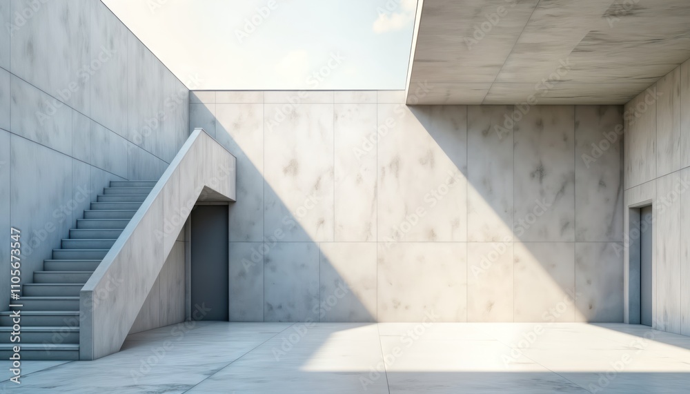 Poster empty modern concrete hall with sloped grey walls, sunlight. minimalist style interior with white st