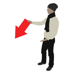 Silhouette of a man with a hat and a scarf holding a red arrow pointing down