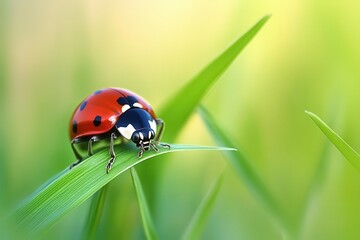 Fototapeta premium A ladybug perched on a green leaf against a soft blurred background.