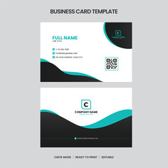 Clean, professional business card template featuring teal and black accents, QR code, contact info, and company logo. CMYK ready to print.