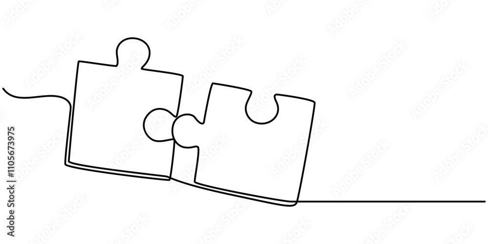 Poster Puzzle icon line continuous drawing vector. One line Conundrum icon vector background. Team work icon. Continuous outline of a Missing item, Continuous one line drawing of puzzle. One line drawing. 