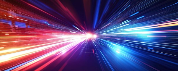 Fototapeta premium Dynamic tech background displays fast speed lines. Colorful light streaks create futuristic scene. High tech vibes. Abstract digital art. Modern tech illustration. Futuristic tech aesthetic.