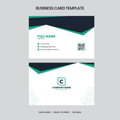 Clean business card template featuring teal and darkblue accents. Includes contact info, QR code, and customizable logo space. Printready design.