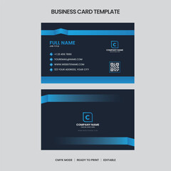 A professional, darkblue and lightblue business card template. Includes contact info, logo, QR code, and is ready to print in CMYK mode.