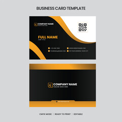 Twosided business card template. Black and gold design. Includes QR code, contact info and editable text fields. CMYK ready to print.