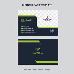 Darknavy and limegreen business card template. Features contact info, logo space, QR code, and is CMYK ready to print. Editable design.