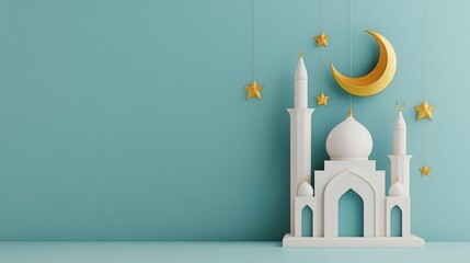 Minimalist mosque illustration with golden crescent moon and stars on light teal background.