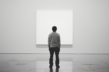 horizontal black & white image of a man standing in front of a blank squared painting in a gallery, mockup space