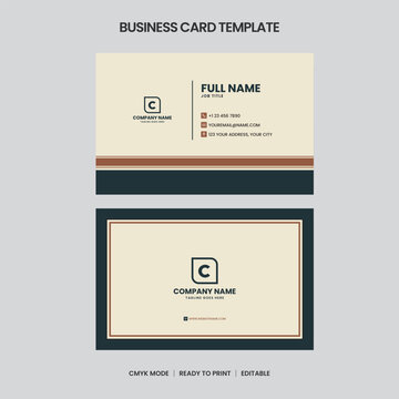 Modern business card template featuring a cream background, dark teal accents, and a minimalist C logo. Includes contact details and is ready to print.