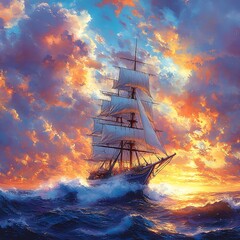 Fototapeta premium Beautiful sailing ship silhouetted against vibrant sunset over tranquil ocean images
