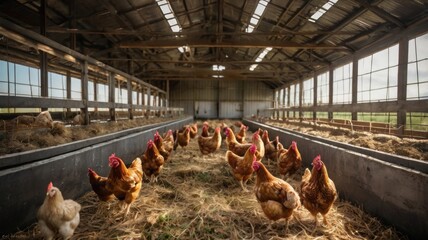 Here's a possible  and keyword list for the image..  Free-range hens in a rustic barn.