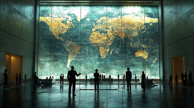 Futuristic Conference Room with Holographic Global Networking Displays and Businesspeople Shaking Hands