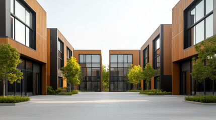 Modern office buildings with greenery outside.