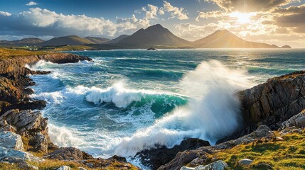 Obraz premium Dramatic Seascape at Sunrise with Waves and Mountain View