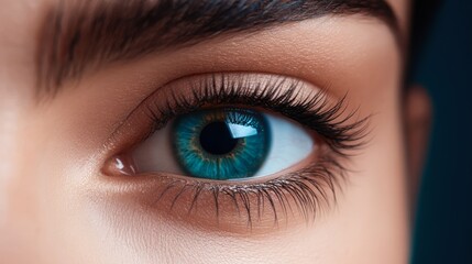 Fototapeta premium A close-up shot of a captivating eye with vibrant blue hues and long lashes, perfect for use in beauty, health, and vision-related projects, showcasing detail and emotion,