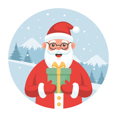Cute Santa Claus with a gift box in his hands on the background of a winter landscape. Christmas illustration in a flat style.