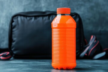 Sports drink bottle highlighted on running shoes, gym bag background, droplets of water, pre-workout, hydrating fitness gear