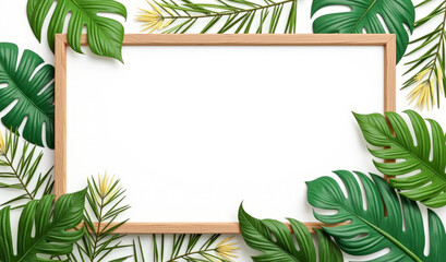 illustration white square signboard, surrounded by tropical leaves and flowers on a white background