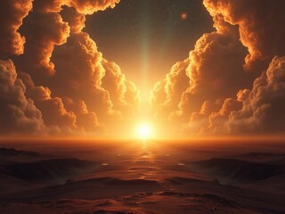 A mystical path leading towards a radiant horizon symbolizing adventure and the journey to an unknown realm, unknown, eternal, place