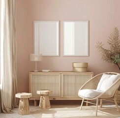 A cozy living room with a rattan armchair. a side table. a wooden cabinet. and two empty picture frames on a blush pink wall