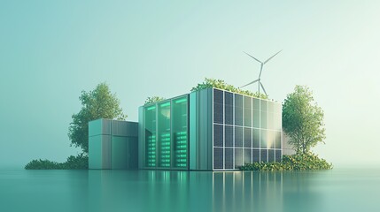 Green data center powered by solar and wind, sustainable tech, 3D illustration