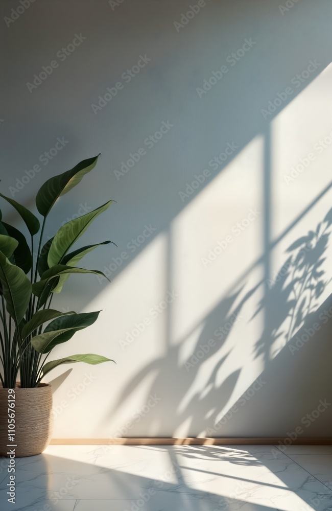 Poster indoor space with light beige wall, plant. sunlight casts soft shadows from window on wall. woven pl