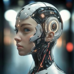 Fototapeta premium Young cyborg woman with futuristic tech features. AI concept. Modern tech and innovative design. Cyberpunk style. Artificial intelligence and woman. Serious expression. Tech face and neck details.