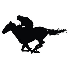 Black silhouette of horse and jockey in full gallop. Horse race
