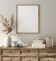 A wooden dresser with a blank frame. vase of dried flowers. books. and glass jars against a beige wall