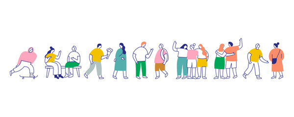 Line art stylized city people banner	