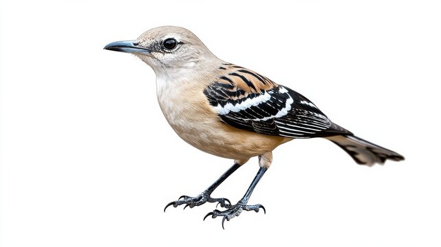 Detailed Close Up Portrait of a Perched Songbird on a Tree Branch Against a White Background