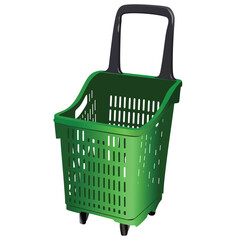 Fototapeta premium 3d realistic vector supermarket food cart plastic green empty basket with black handle. Isolated on white background.