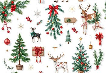 Various Christmas-themed elements including pine branches, holly berries, reindeer, Christmas trees, gifts, and other festive decorations