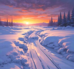 Illustration of winter landscape with road in wild.