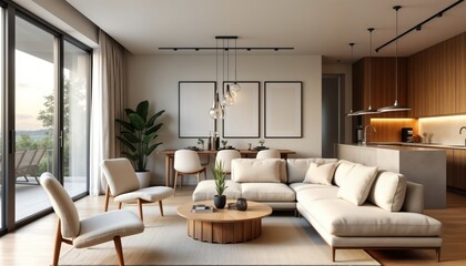 Modern Scandinavian apartment interior design living room dining room, kitchen. Open concept layout features light neutral colors, wooden furniture. Large windows offer panoramic views. Cozy, stylish