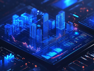 Fototapeta premium Visually striking financial planning ideas with blue graphs and buildings