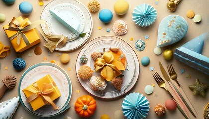 Birthday celebration concept. Celebration items on flat lay orientation 