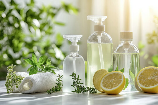 Eco-friendly cleaning products in glass bottles, promoting sustainable home care